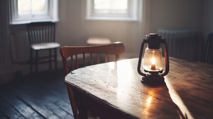 Wall Mural - Cozy dining room featuring a rustic reclaimed wood farmhouse table with vintage mismatched chairs under soft ambient lighting