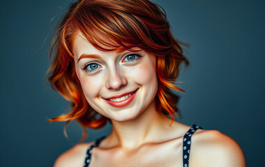 Wall Mural - Cheerful young woman with red hair smiling against a neutral background