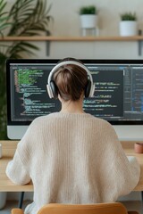 A woman is sitting at a desk with a computer monitor in front of her. She is wearing headphones and she is focused on her work. The room has a potted plant and a vase, and there is a chair