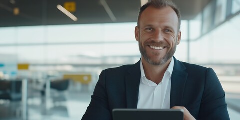 Wall Mural - A man in a suit is smiling and holding a tablet. Concept of professionalism and confidence, as the man is dressed in a business suit and is using a tablet, which is a common tool in the workplace