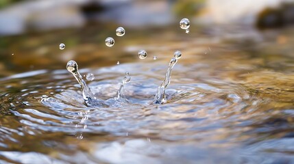 Poster - CloseUp of Water Droplets Splashing on Calm Surface Creating Ripples : Generative AI