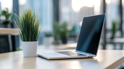 Leinwandbilder - Modern Workspace Featuring Open Laptop Next to Lively Green Plant in a Bright Setting : Generative AI
