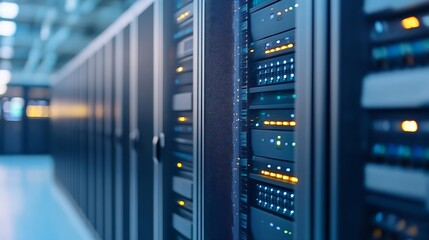 Leinwandbilder - Modern data center filled with server racks illuminated by LED lights showing the power of technology and connectivity : Generative AI