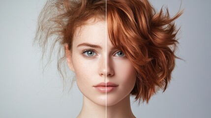 Poster - Transformation from unkempt to elegant hairstyle showcasing dramatic change in appearance and style choices. Generative AI