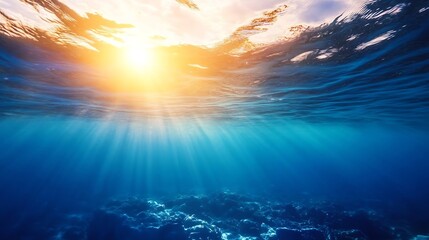 Poster - Mesmerizing underwater sunlight rays illuminating the ocean surface in a serene underwater scene : Generative AI
