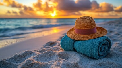 Poster - Beach sunset scene with straw hat and towel