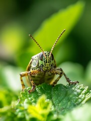 Wall Mural - macro photo of a grasshopper sitting on a leaf with intricate textures and details in a natural gard