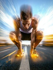 Poster - Runner transforms from tired and untrained at start line to victorious and energized after completing the race. Generative AI