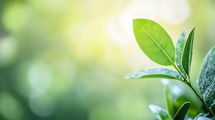 Aufkleber - Close up view of fresh green leaves illuminated by soft sunlight in a serene natural background : Generative AI