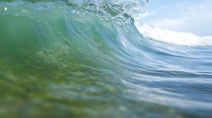 Leinwandbilder - Crystal clear ocean wave rolling gently towards the beach under a bright sky : Generative AI