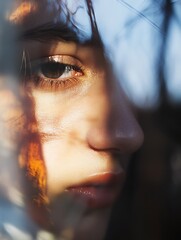 Aufkleber - Close up of a woman's face with soft natural light highlighting her features and shadows creating an artistic effect : Generative AI