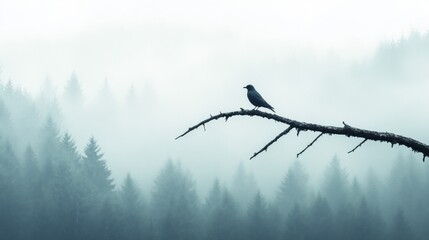 Fototapete - Lone bird perched on a dead tree branch amid foggy mountain landscape in a serene moment. Generative AI