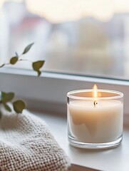 Poster - Cozy home setting featuring a glowing candle next to a soft knit blanket and a window view : Generative AI