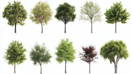 Ten varieties of trees displaying diverse leaf colors and shapes on white background