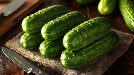 Wall Mural - Freshly Harvested Cucumbers Neatly Arranged on Rustic Burlap Cloth with Nearby Utensils