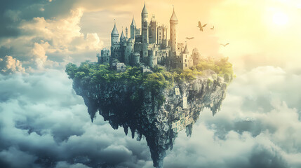 fantasy landscape floating crumbling castle of money artistic representation dreamlike environment e