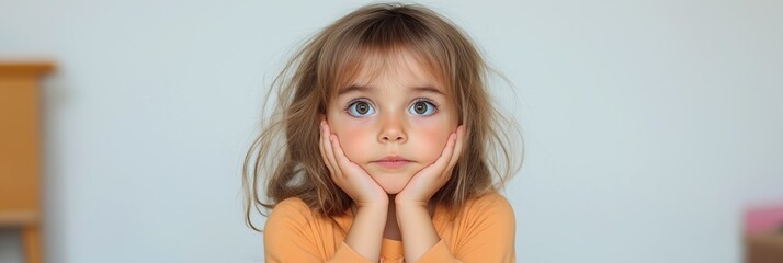 Wall Mural - A young girl with messy hair is looking down at her hands. She is sad or upset