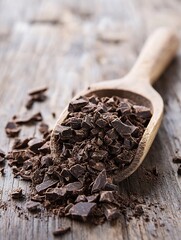 Poster - Rich dark chocolate shavings piled on a wooden scoop creating an enticing dessert preparation scene : Generative AI