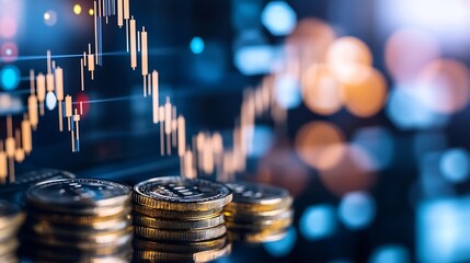 Poster - Financial market statistics displayed on digital screen with stock market coins representing investment opportunities : Generative AI