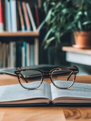 Aufkleber - Stylish eyeglasses resting on an open book in a cozy library setting during the day. Generative AI