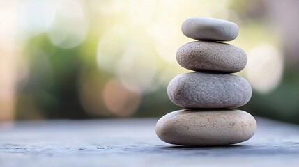 Fototapete - Balanced stack of smooth stones on a serene surface symbolizing tranquility and harmony in holistic wellbeing and meditation practices : Generative AI