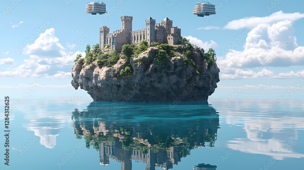 Small island featuring a castle on top surrounded by water with a ...