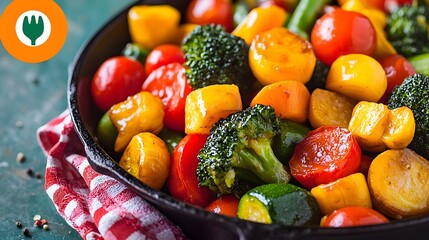 Wall Mural - Vibrant Stir-Fried Vegetables in Cast Iron Pan with Copy Space