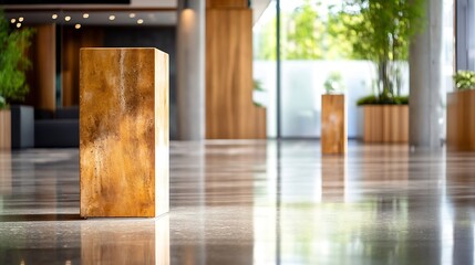Aufkleber - Modern interior decor featuring unique wooden block sculptures in a stylish minimalist lobby : Generative AI