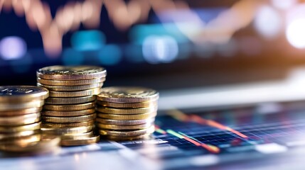 Leinwandbilder - Golden coins stacked atop financial charts symbolizing investment growth and economic prosperity : Generative AI