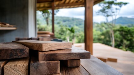 Poster - Stacked wood pieces with a natural finish ready for building in a serene outdoor environment : Generative AI