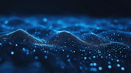 Abstract blue background with wire frame grid connecting dots and data on dark. Analytics data algorithms. Computing concept. Big Data. Banner horizontal for business, science and technology, 8k Photo