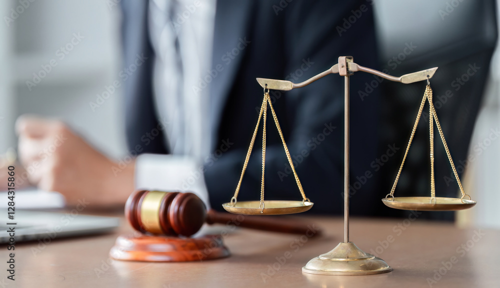 Lawyer analyzing legal documents with scales of justice and gavel on ...