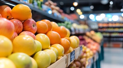 Poster - Colorful display of fresh and ripe fruits arranged neatly in a supermarket attracting shoppers to enjoy healthy options : Generative AI