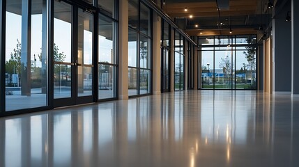 Poster - Modern interior office space with large glass windows and polished floors : Generative AI