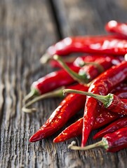 Poster - Vibrant red chili peppers piled on a rustic wooden surface for culinary use and cooking : Generative AI