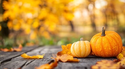 Poster - Charming Autumn Scene Featuring Pumpkins and Colorful Fall Leaves on Wooden Surface : Generative AI