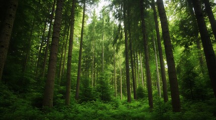 Aufkleber - Lush Green Forest Surrounded by Tall Trees and Abundant Foliage in the Heart of Nature : Generative AI