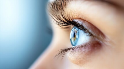 Poster - Closeup of a human eye showcasing vibrant blue iris and intricate details highlighting beauty of human features : Generative AI