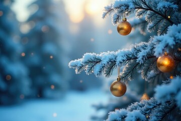 Wall Mural - Frosty blue tree branches adorned with golden ornaments, shining in soft winter light, blue, branch,