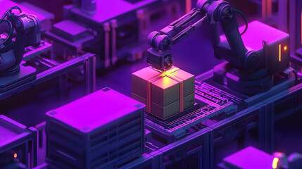 Wall Mural - isometric automated robot arms. smart automated robotic arms holding box in a warehouse. modern logi