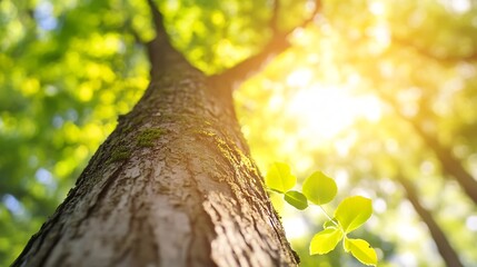 Aufkleber - Majestic tree trunk captured from below with sunlight filtering through leaves in lush forest : Generative AI