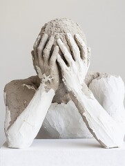 Aufkleber - Unique sculpture of a figure with hands covering face expressing emotions showcasing modern art : Generative AI