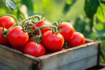 Poster - Freshly harvested ripe tomatoes in a wooden crate surrounded by green foliage in a sunny garden setting. Generative AI