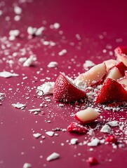 Poster - Artistic close up of fresh strawberries and crushed pieces on a textured red surface background : Generative AI