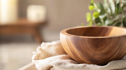 Aufkleber - Beautiful wooden bowl resting on a light cloth surrounded by natural home decor elements : Generative AI