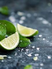 Aufkleber - Fresh Slices of Lime and Green Leaves on a Dark Slate Surface with Sea Salt : Generative AI