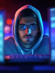 a programmer in a hoodie writes machine learning code on three monitors, the light from the screens 