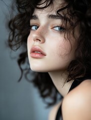 Poster - Portrait of a young woman with curly hair showcasing natural beauty and captivating blue eyes : Generative AI