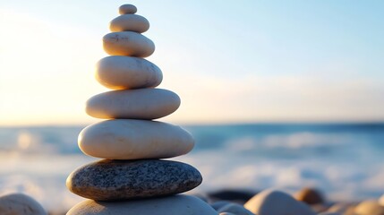 Aufkleber - Stunning stack of smooth pebbles arranged on a beach against a soft sunset backdrop : Generative AI