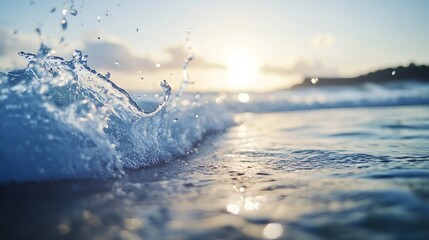 Aufkleber - Dynamic closeup of ocean waves splashing against the shoreline during a spectacular sunset : Generative AI